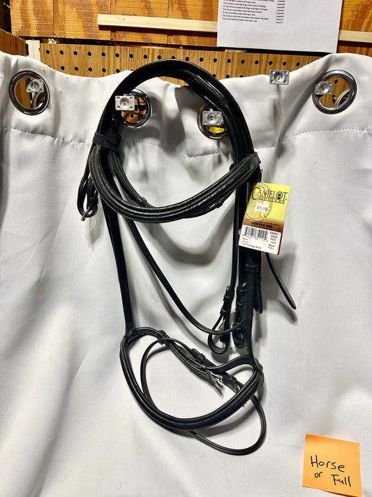 Camelot brand Horse/Full size Black plain raised padded browband and raised padded nose with removable flash. Bridle includes cotton rubber lined reins for grip, with leather stoppers. Bridle and reins are brand new with tags.