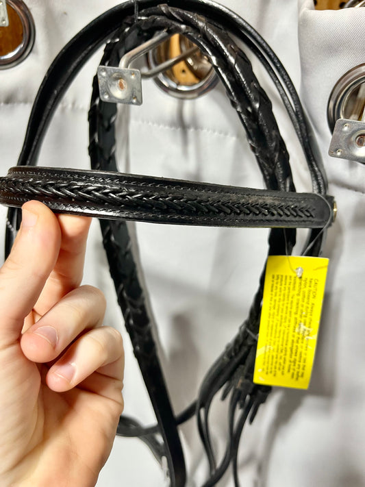Horse/Full size Black Silver Fox raised bridle with braid detail on nose and browband- new English bridle and reins with tags. No flash, not padded