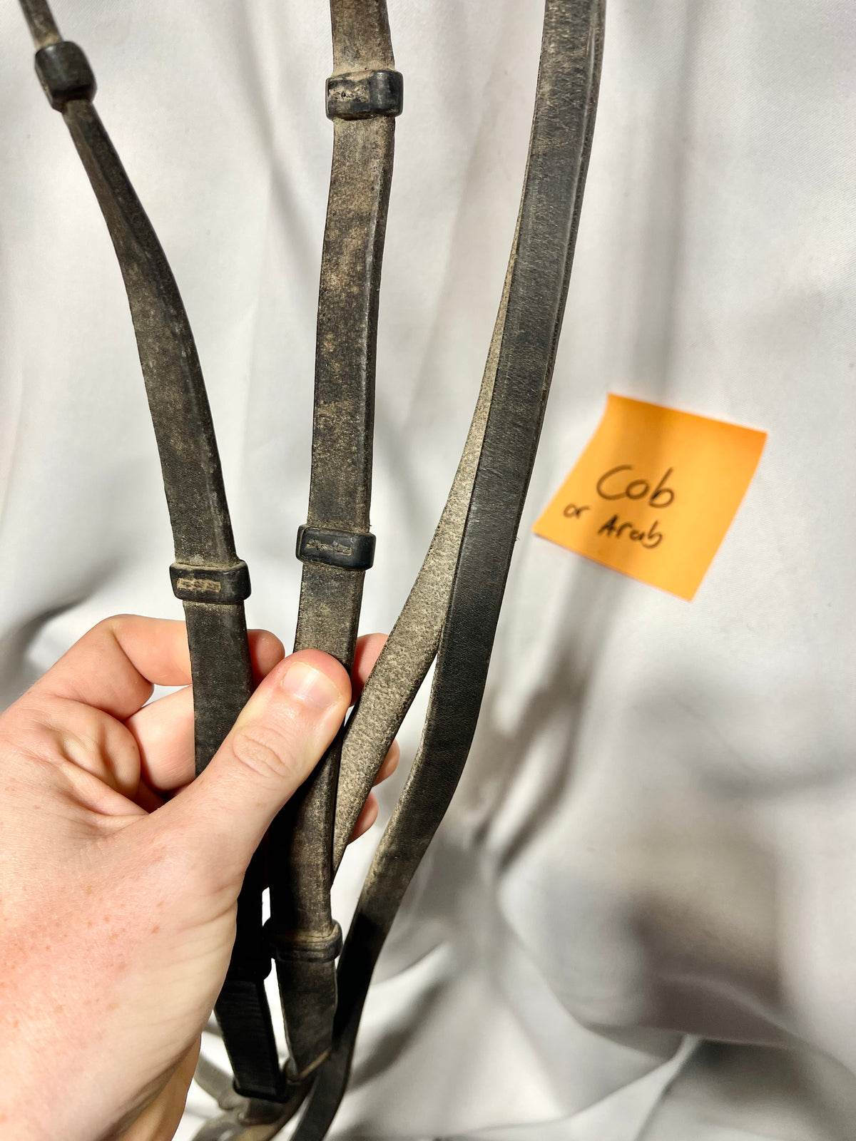58" Set of 2 matching black double bridle reins, #1 leather 5/8" w/stoppers, #2 leather 5/8" smooth curb rein, rolled ends on both. Heavily used