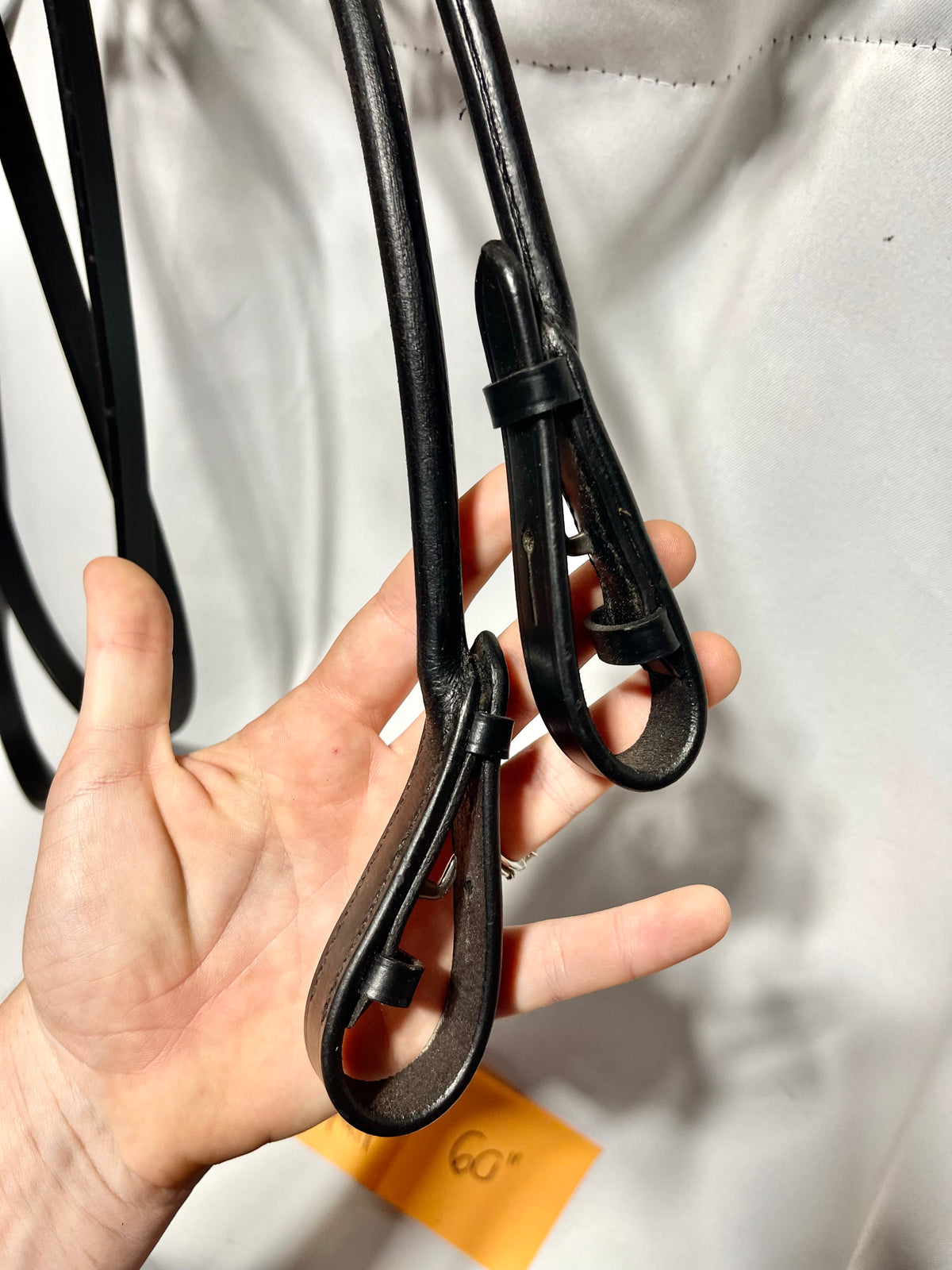 60" x 5/8" Smooth Black Leather English snaffle reins with rolled leather bridle side, and bridle hook ends, nearly new x2