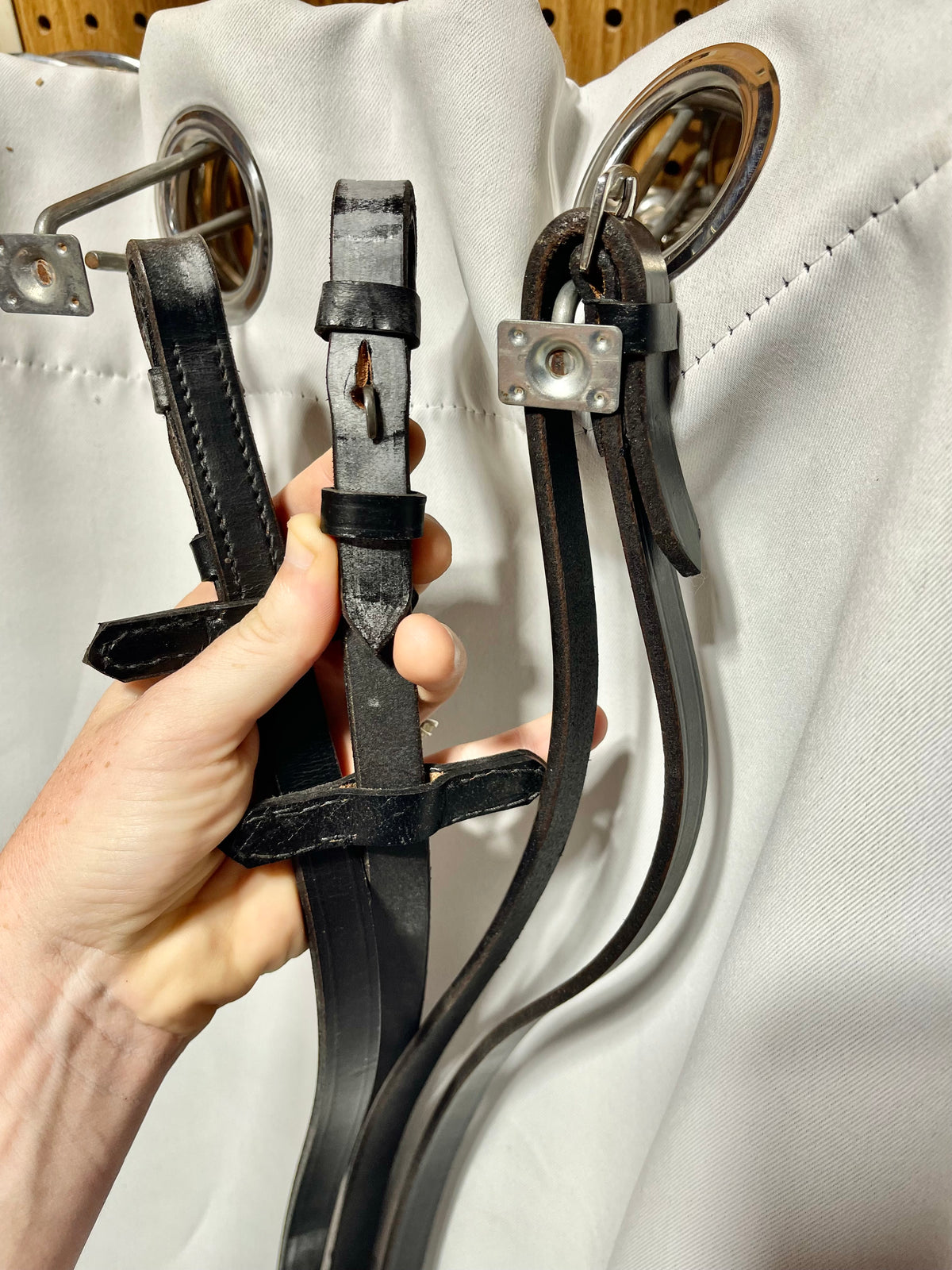 58" Black Leather Laced English Reins, bridle hook fastener ends and leather bit stoppers, new with tags