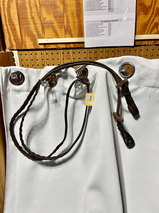 54" Brown raised fancy stitched laced English reins, bridle hook fastener ends-used