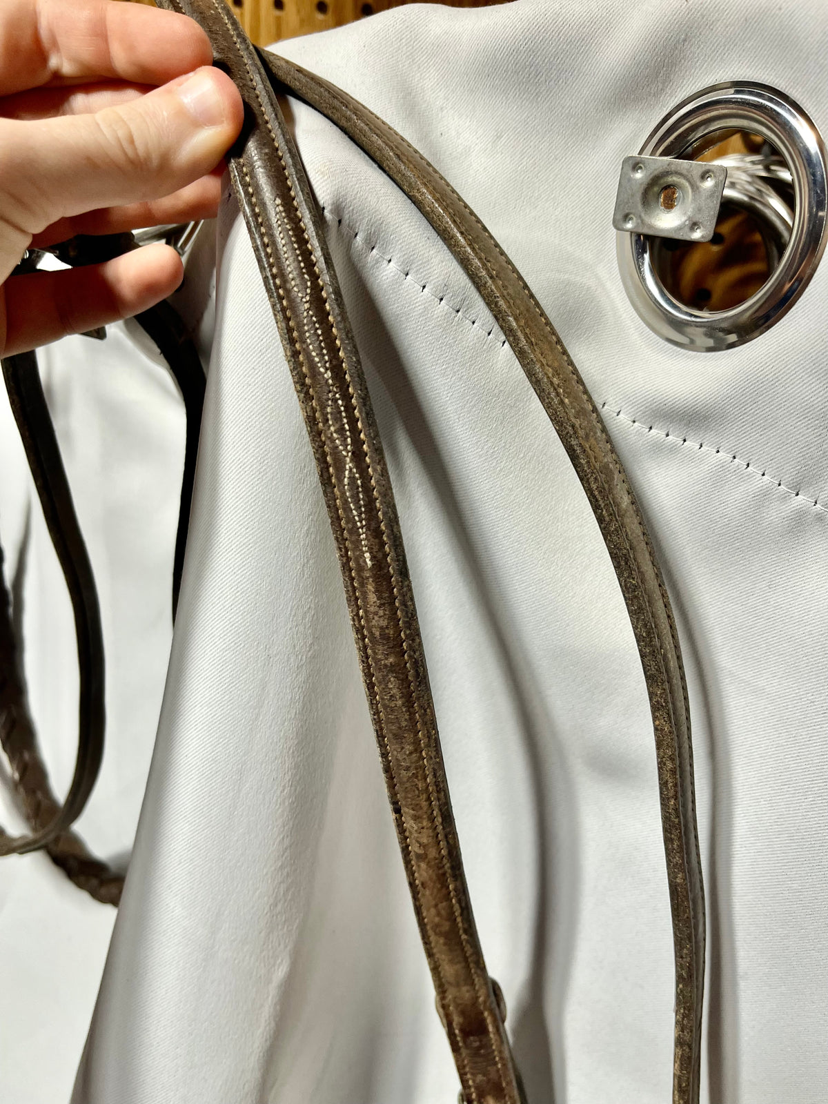 Sz Cob 54” Brown raised fancy stitched laced English reins, bridle hook ends, well used