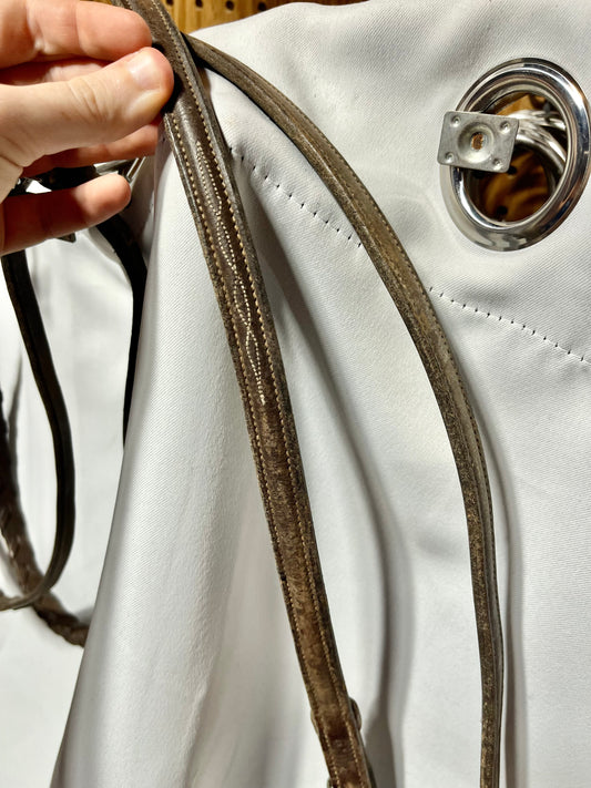 Sz Cob 54” Brown raised fancy stitched laced English reins, bridle hook ends, well used