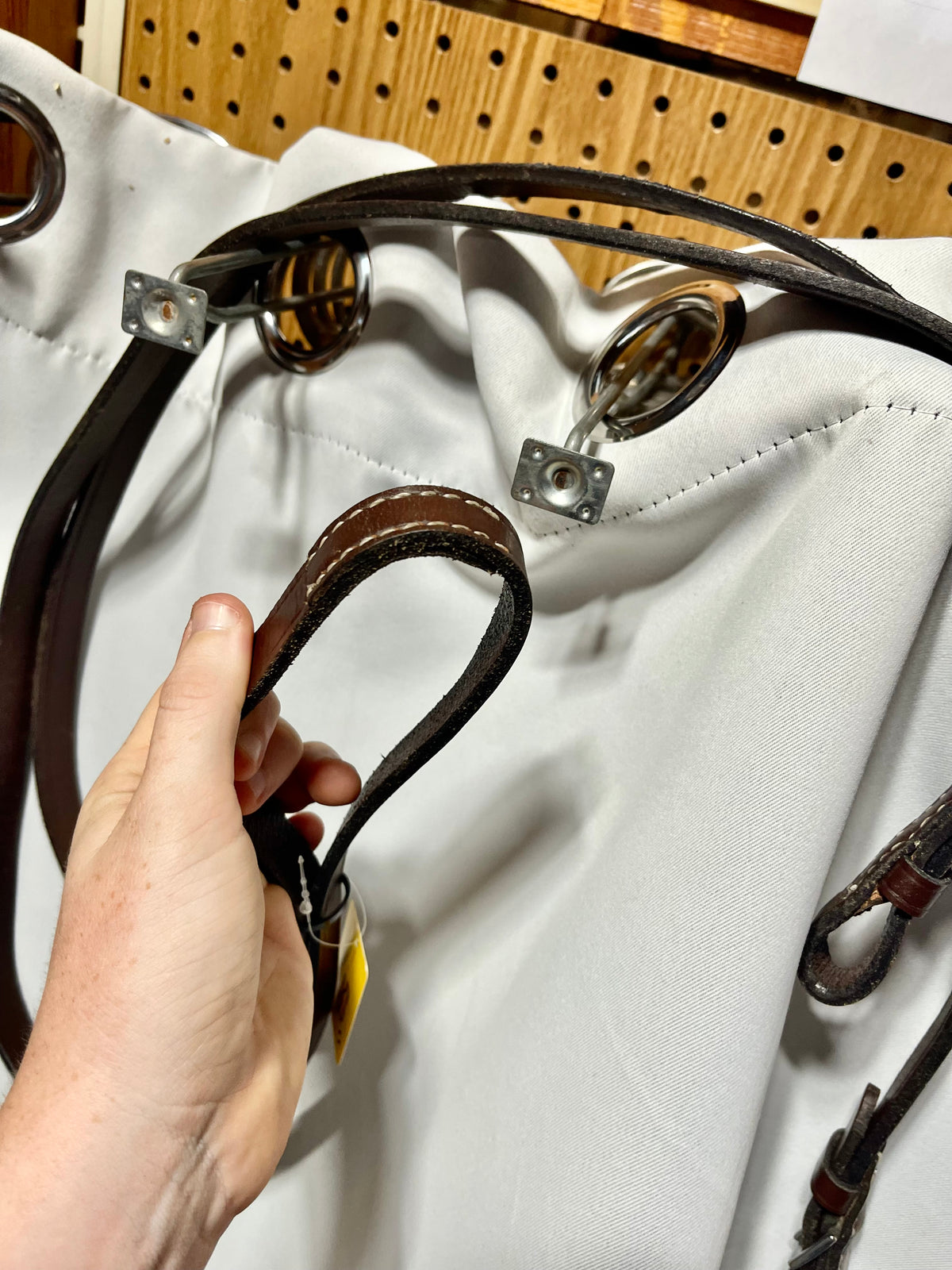 52" x 3/4” Red/Brown smooth leather English single reins, stitched center with no buckle, and with buckle ends