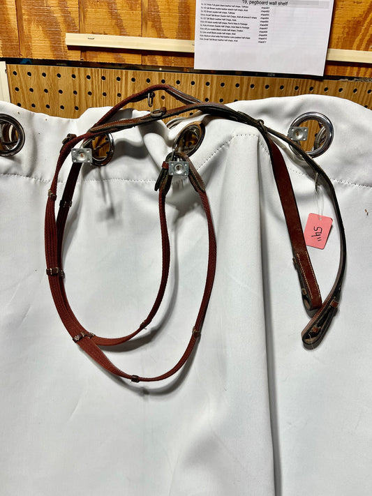 54" Red/brown german martingale reins, cotton webbed with leather stoppers and bridle hook end fasteners