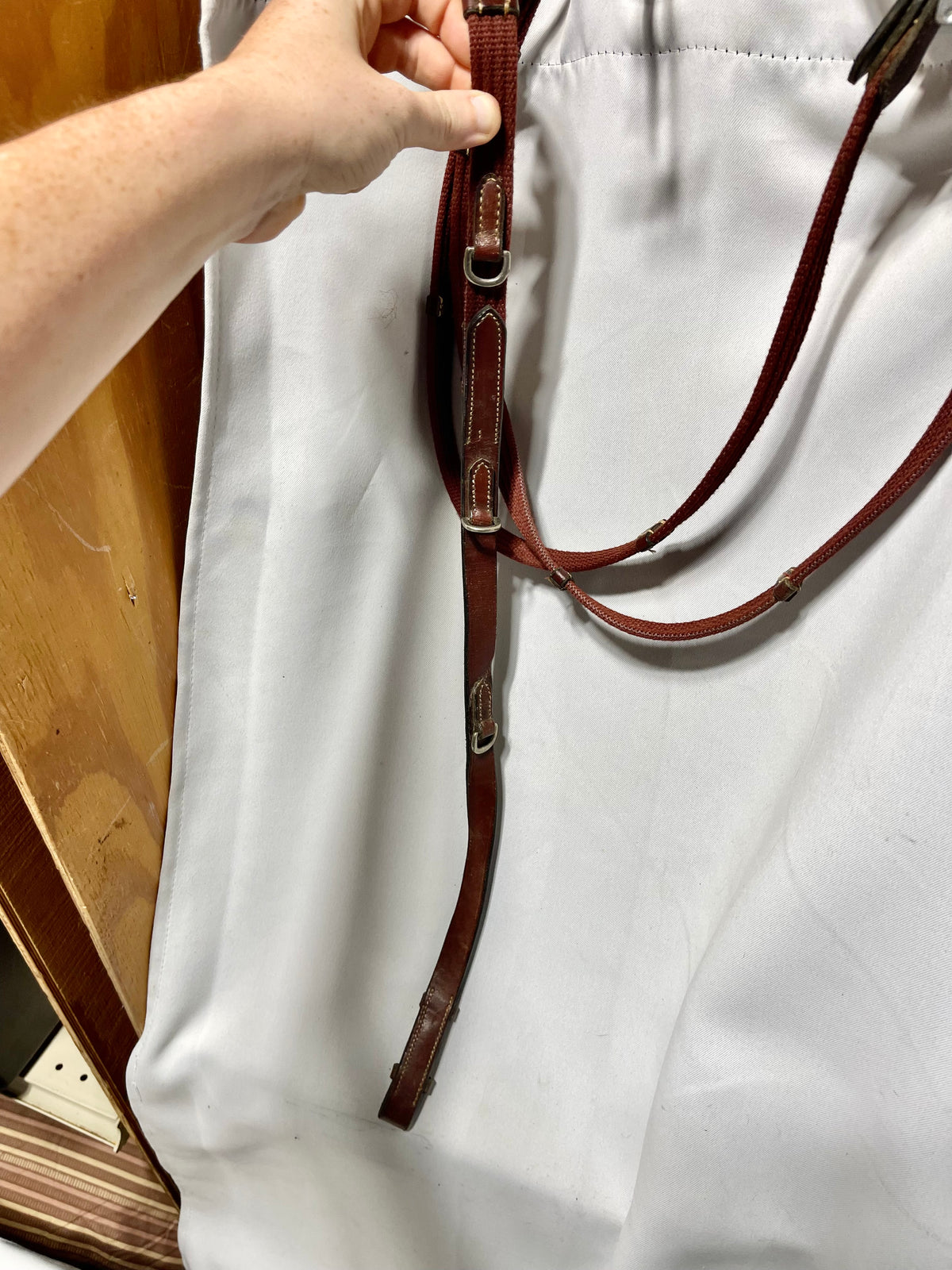 54" Red/brown german martingale reins, cotton webbed with leather stoppers and bridle hook end fasteners