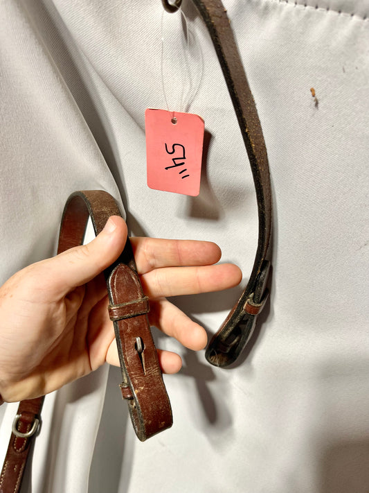 54" Red/brown german martingale reins, cotton webbed with leather stoppers and bridle hook end fasteners