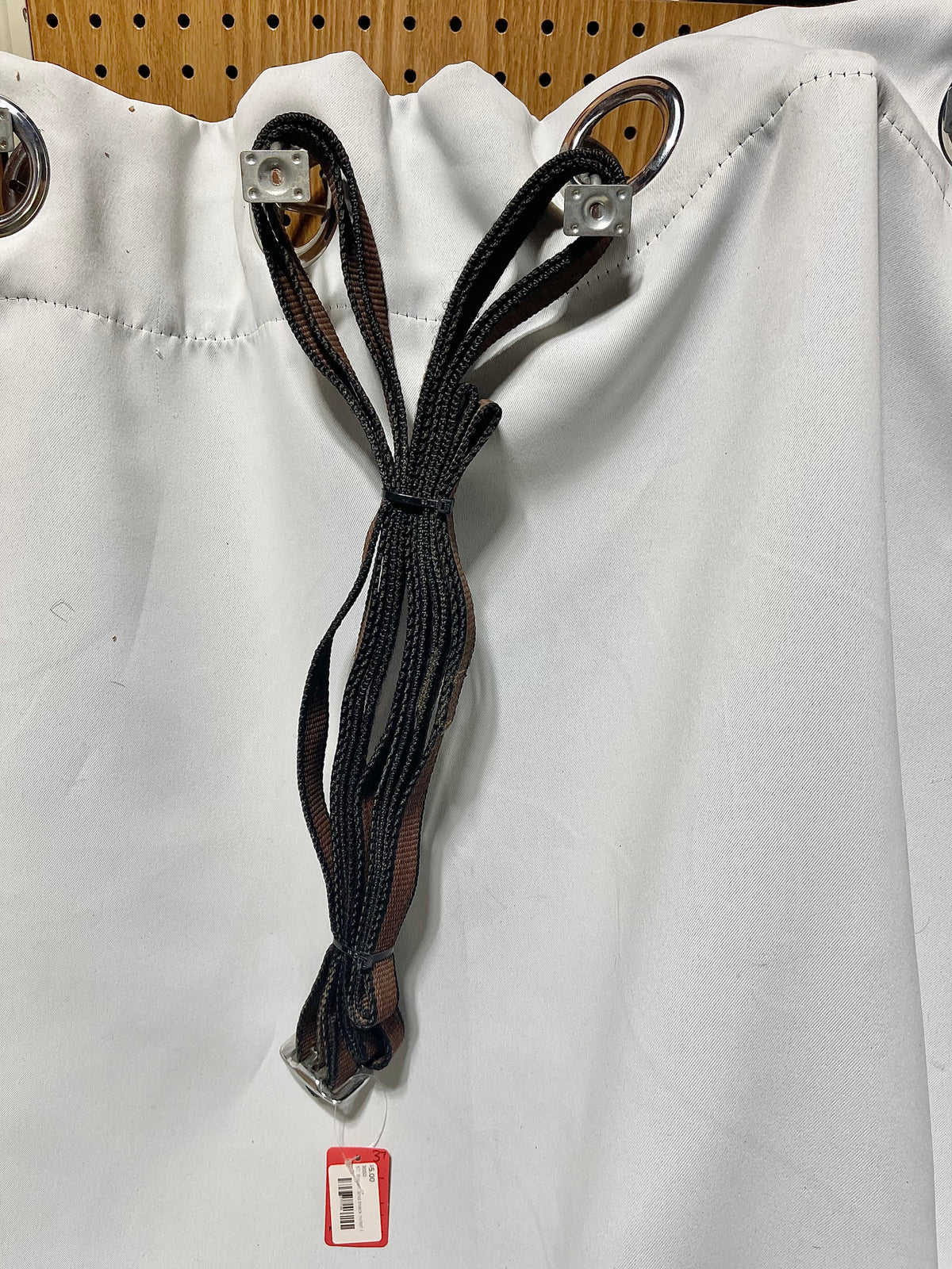 Brown and black nylon 3/4" lightweight side reins or draw reins with loops on one end. No snaps