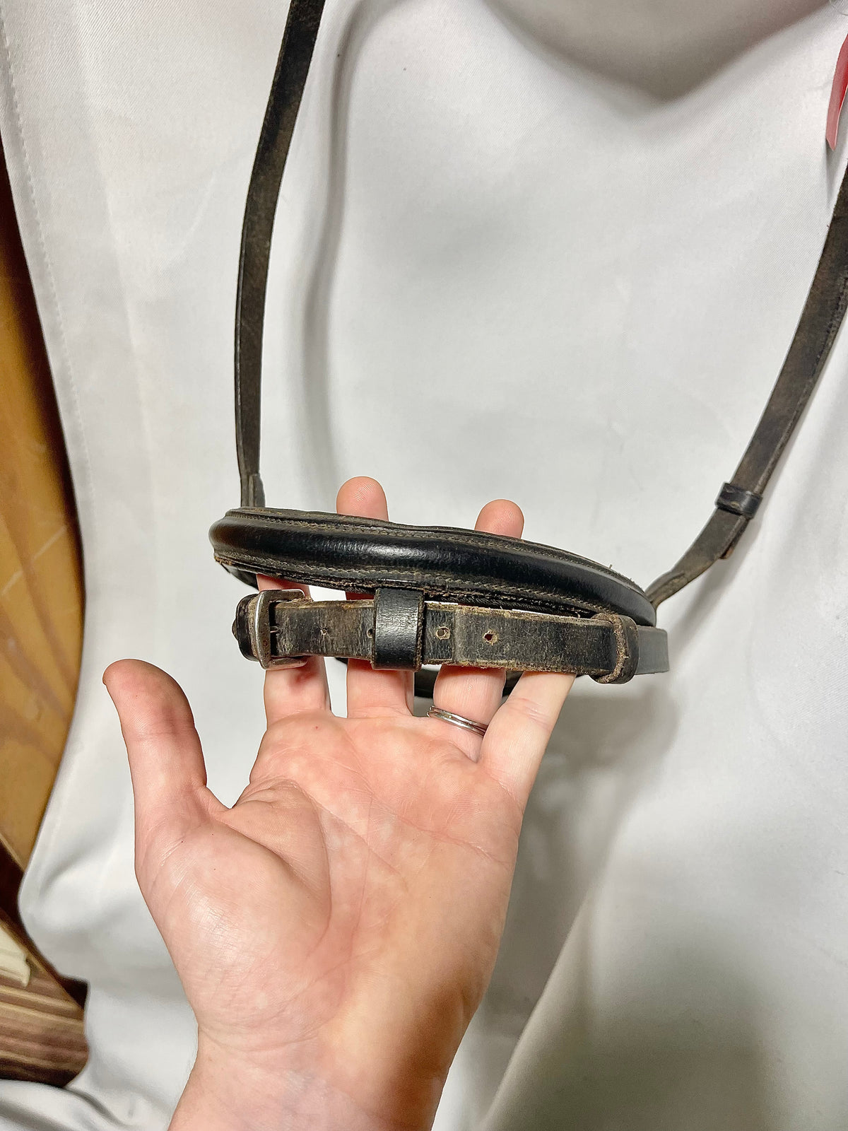 Black Cob size Black padded English cavesson noseband, with flash-well used, appeared to be full size but was cut down to Cob size
