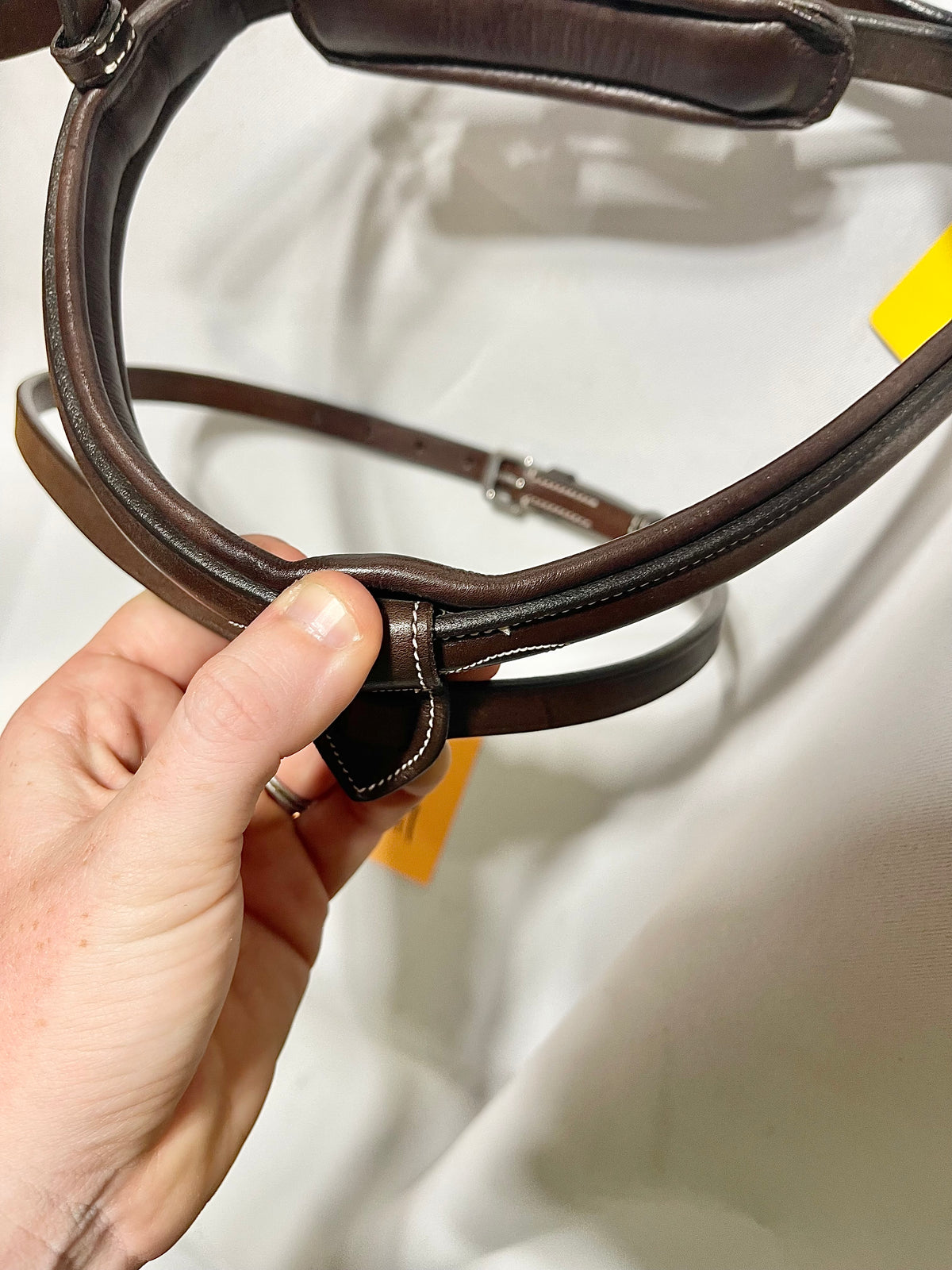 Brown Horse/Full size replacement cushy padded English cavesson crank noseband for monocrown bridle, Fancy stitched, raised, with a fully removable flash.