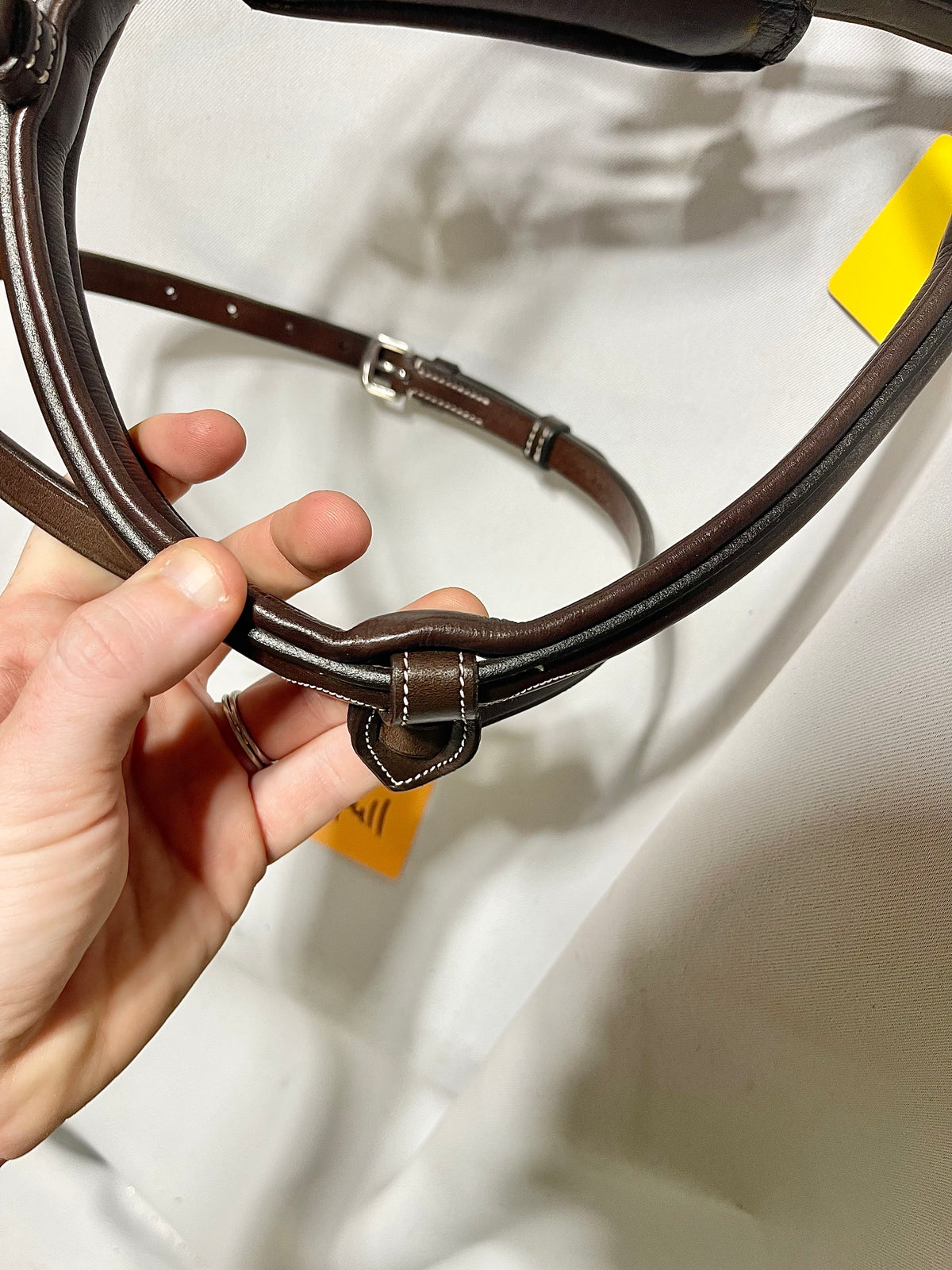 Brown Horse/Full size replacement cushy padded English cavesson crank noseband for monocrown bridle, Fancy stitched, raised, with a fully removable flash.